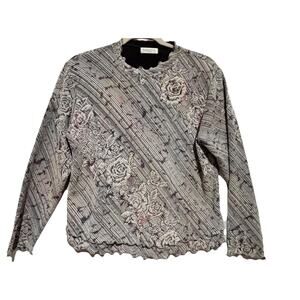 Vintage Soliel D’or Tokyo Floral Lined Ruffled Retro Knit Top Womens Sz M Unique